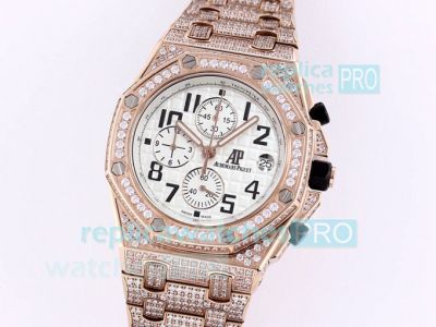 Replica Audemars Piguet Iced Out Royal Oak Rose Gold Diamond Watch White Chronograph Dial